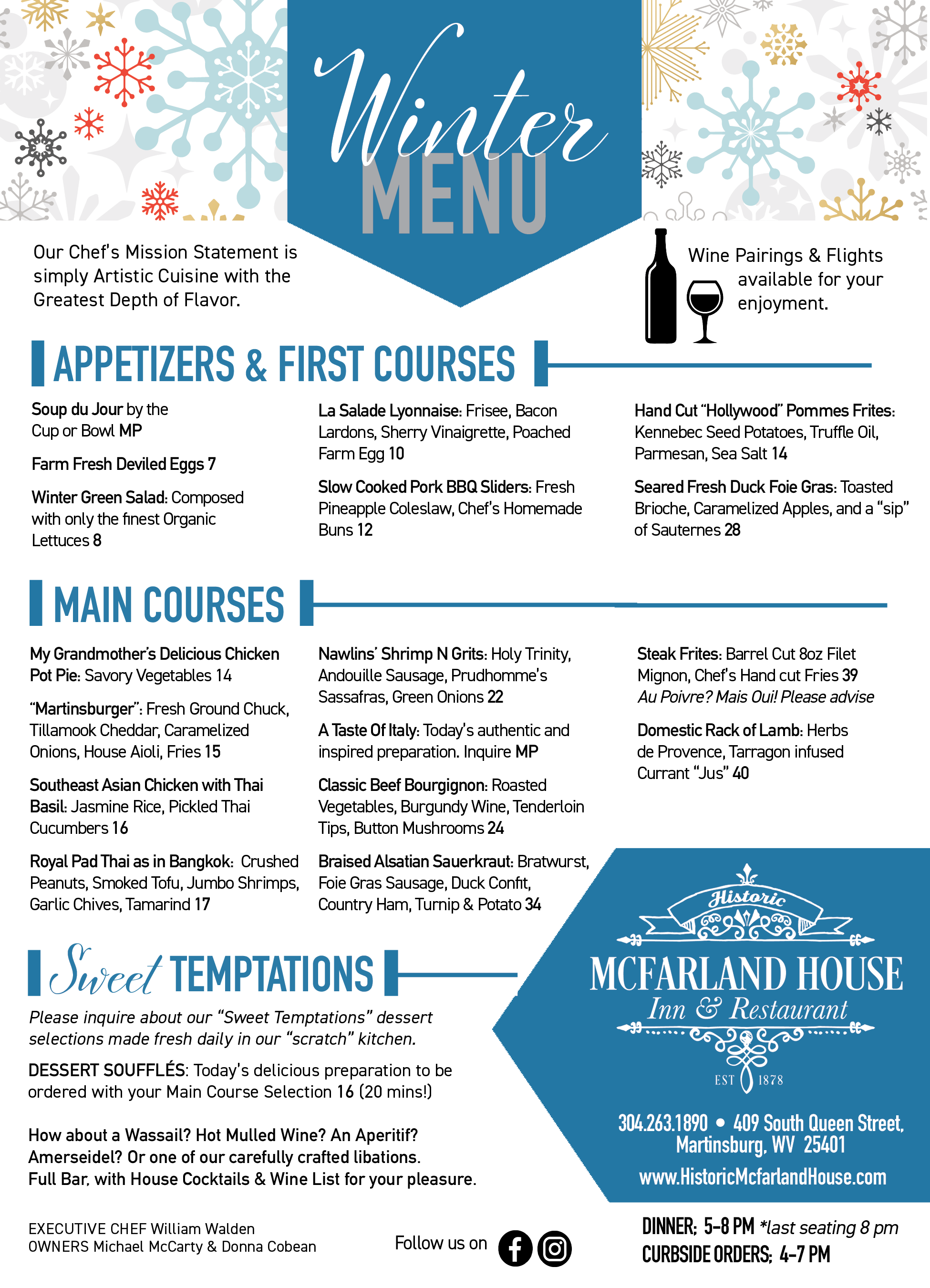 Menus Historic McFarland House in Martinsburg, West Virginia